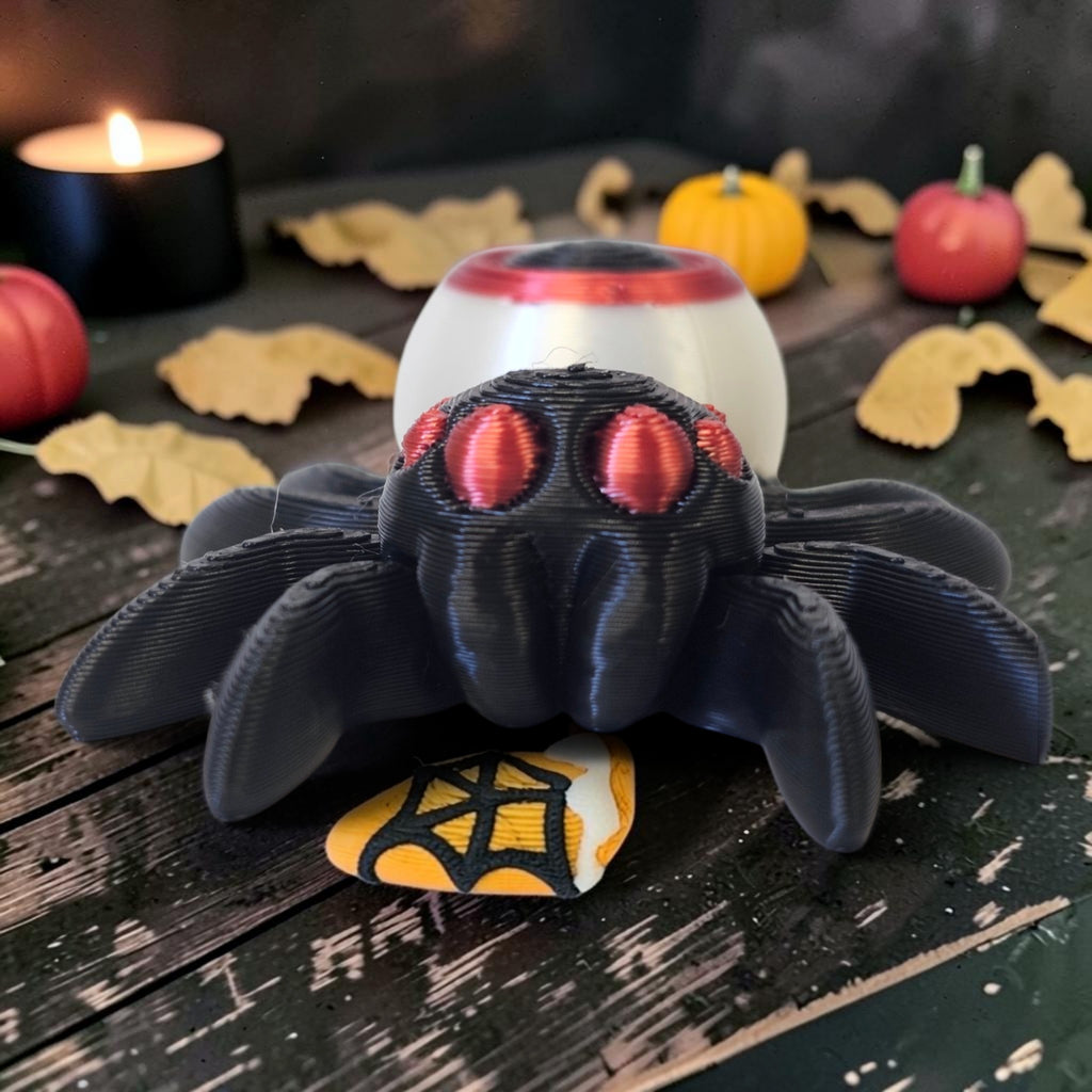 Made In Cobham 3D-printed black spider figurine with a white eyeball body and red accents on a rustic Halloween table