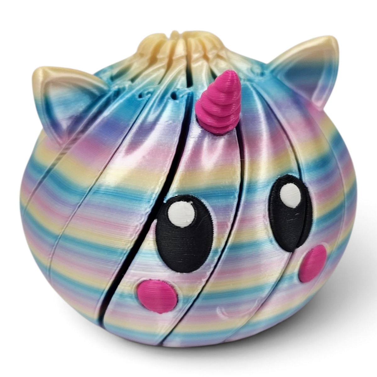 Made In Cobham 3D-printed rainbow unicorn fidget sphere with articulated segments and cute expressive face