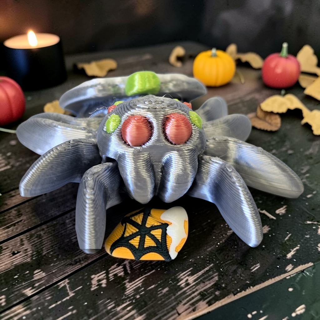 Made In Cobham 3D-printed silver spider figurine with red eyes and a candy corn accent on a rustic Halloween table